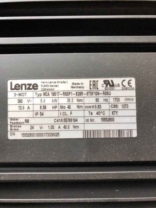 LENZE MCA19S17-RS0P1-B28R-ST5F10N-R0SU ASYNCHRONOUS SERVO MOTOR W/ A2S-130 (NM1) 2