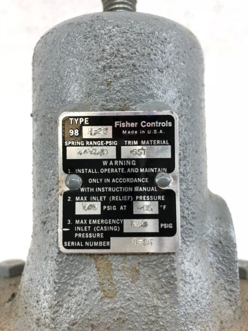 USED FISHER CONTROLS PRESSURE REGULATOR TYPE 98 H-26, 70-140 SPRING RANGE PSIG 2