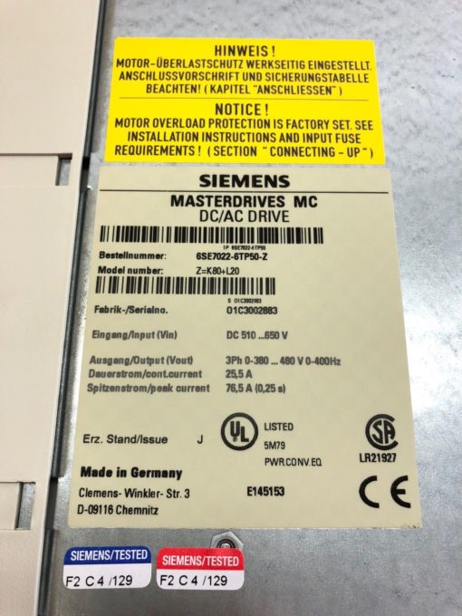 NEW SIEMENS 6SE7022-6TP50-Z 3 PHASE MASTERDRIVES MC DC/AC DRIVE, FAST SHIP! 2