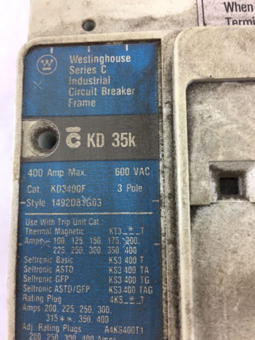 USED Eaton Cutler Hammer KD 35K KD3400F 400A Circuit Breaker, 600 VAC, (B329) 2
