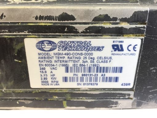 USED (working condition) Emerson MGM-490-CONS-0000 Servo Motor, 230V, (P15) 3