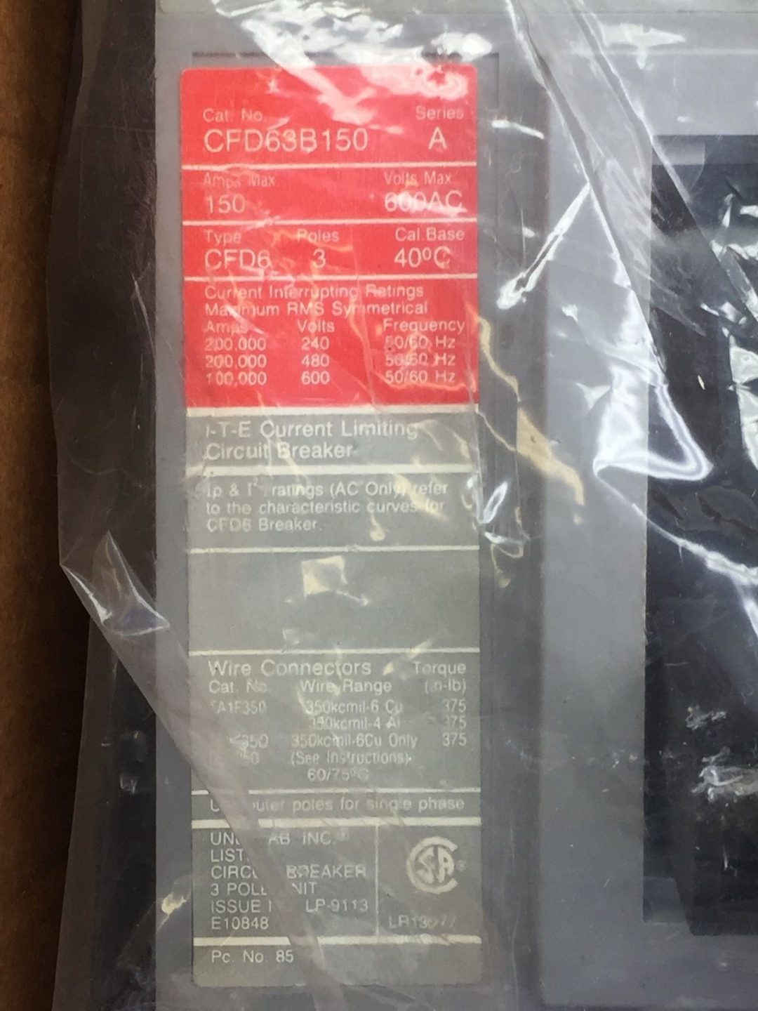 SIEMENS CFD63B150 SENTRON CURRENT LIMITING CIRCUIT BREAKER 150A 600VAC(B10)