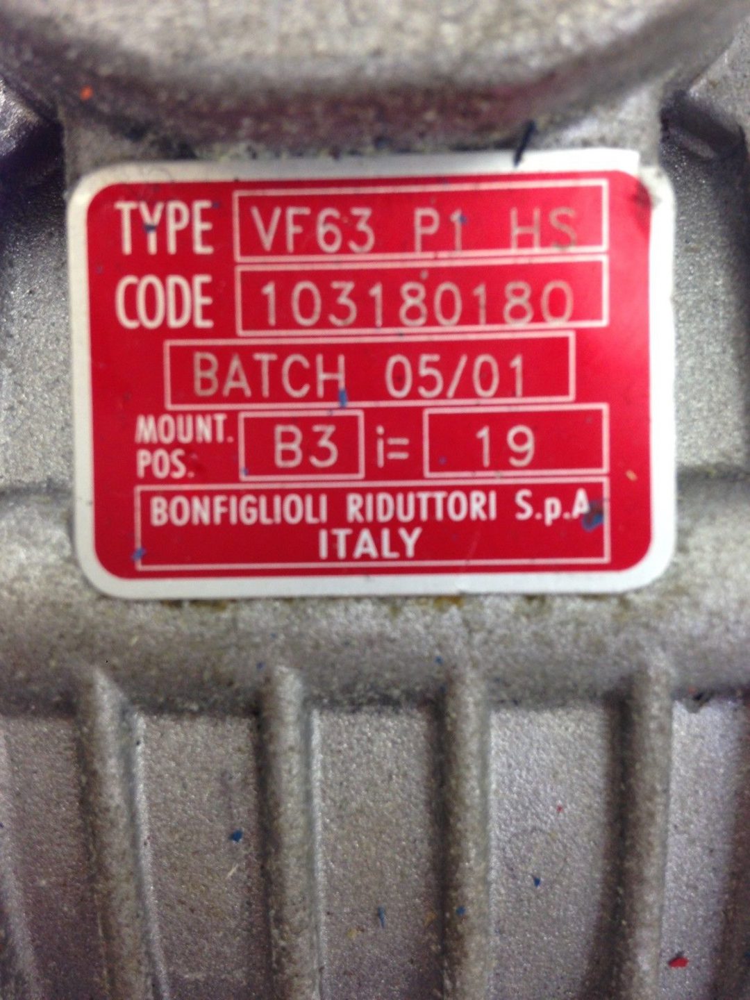 BONFIGLIOLI TYPE VF63 P1 HS CODE 103180180 GEAR REDUCER (B439)