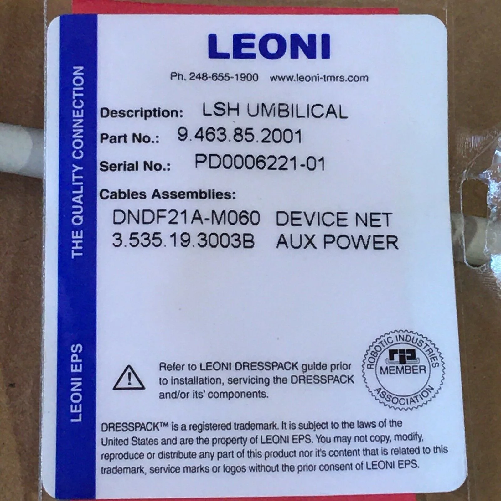 LEONI 9.463.85.2001 LSH UMBILICAL CABLE DRESSPACK DEVICE-NET, AUX POWER - Image 2