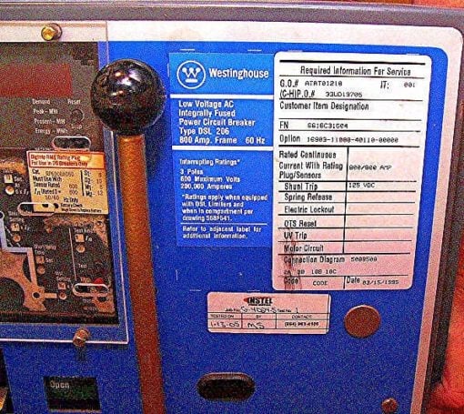 WESTINGHOUSE DSL206 AIR CIRCUIT BREAKER 800AMP FRAME RECONDITIONED (PTOP) 1