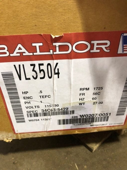 NEW IN BOX BALDOR VL3504 1/2 HP 1725 RPM 56C 115/230VAC 60HZ MOTOR, TEFC, (MP1) 2