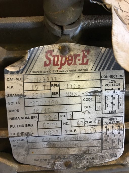 USEDÂ BALDOR SUPER E EM2333T 15 HP, 1765 RPM 3 PHASE ELECTRIC MOTOR, (NP6) 2