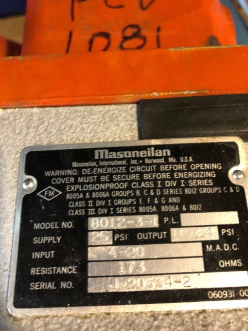 MASONEILAN 48-21124 PNEUMATIC SLEEVE CONTROL VALVE 8012-3-C VALVE POSITIONER 2