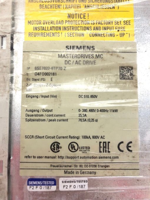 NEW SIEMENS 6SE7022-6TP70-Z MASTERDRIVES MC DC/AC DRIVE, FAST SHIP! (B449) 2