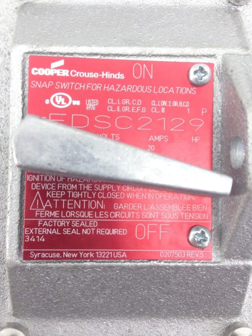 CROUSE-HINDS EDSC2129 SNAP SWITCH EXPLOSION PROOF 1-P 120VAC (B132) 3
