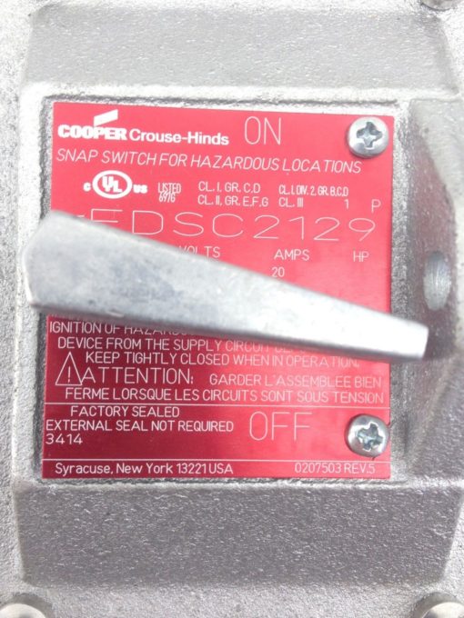 CROUSE-HINDS EDSC2129 SNAP SWITCH EXPLOSION PROOF 1-P 120VAC (B132) 3