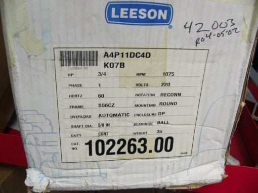 LEESON 3/4 HP 1075 RPM 220VOLT AC MOTOR #102263 NEW IN BOX (B60) 2