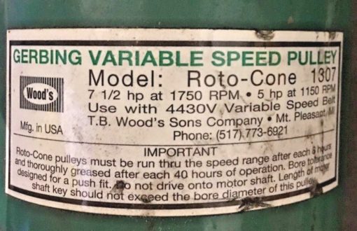 USED GERBING VARIABLE SPEED PULLEY TB WOODS ROTO CONE 1307, (CHEESE PALLET) 2